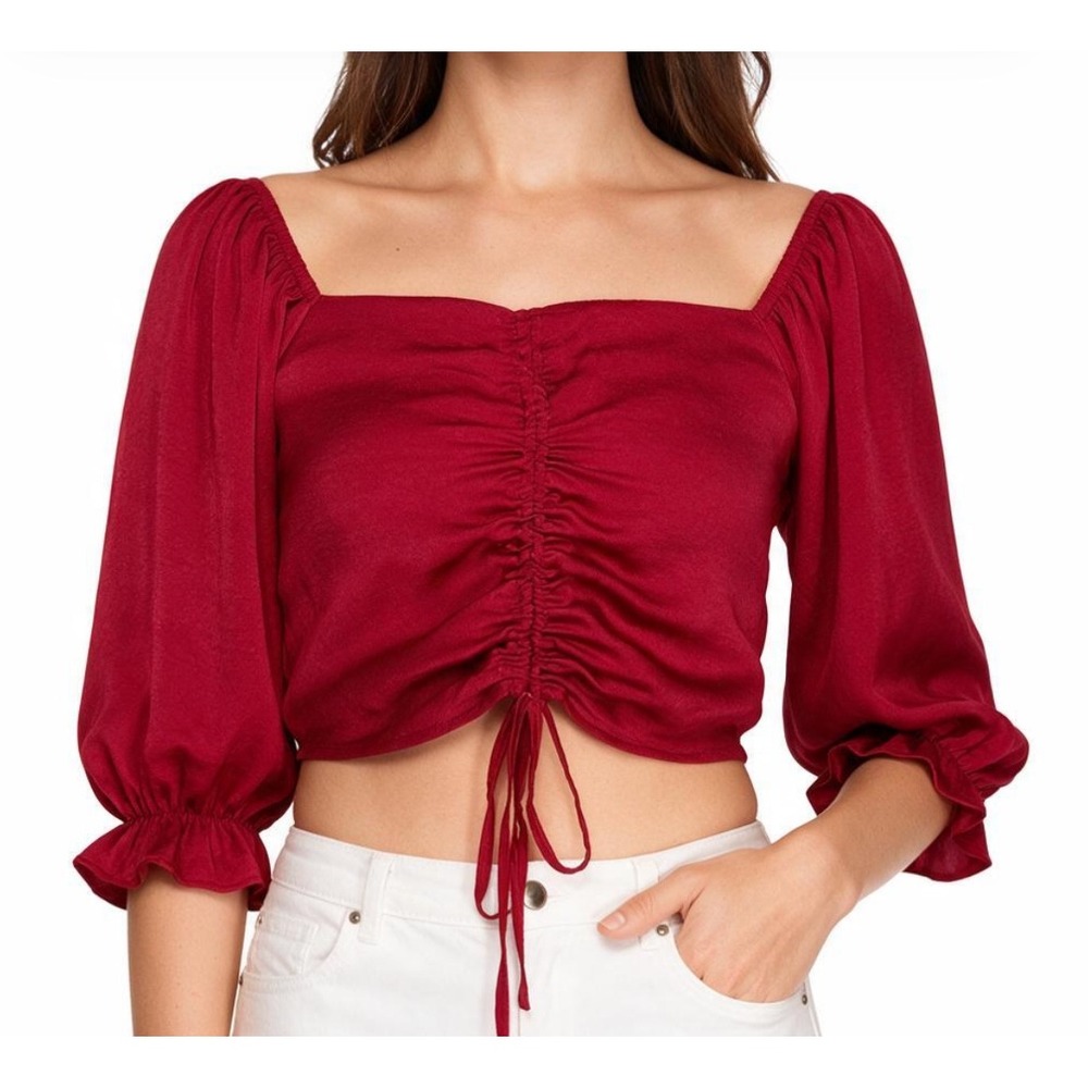 SHE+SKY Red Satin Cropped Top SMOCKED BACK Cinch Tie in Front SILKY BOHO sz S